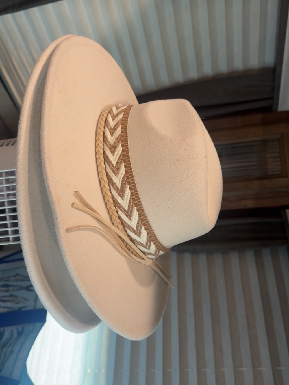 Wide Brim Cream Women's Felt Hat with Braided Trim
